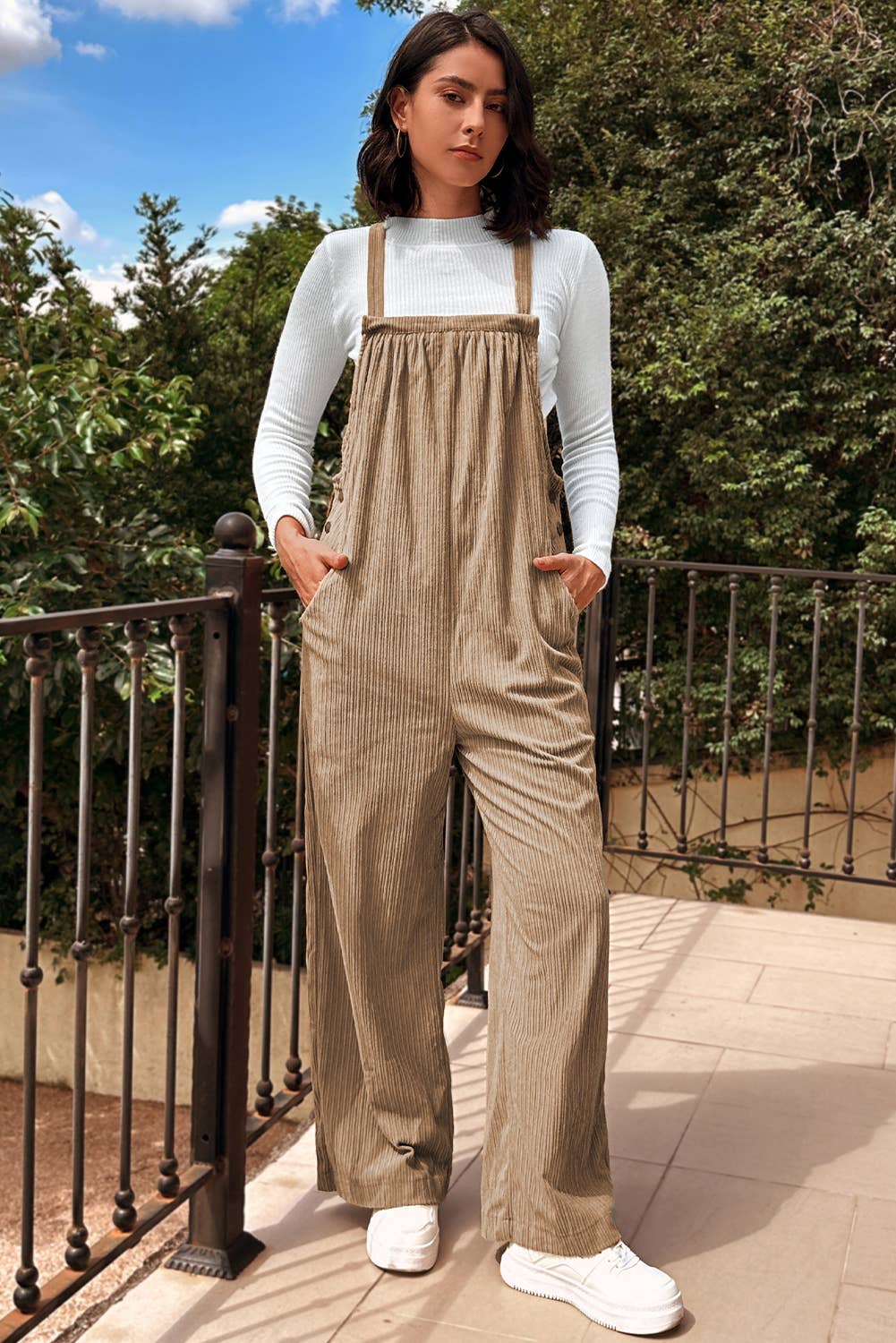 1 the Woman - Morn Solid Pocketed Loose Fit Corduroy Overall