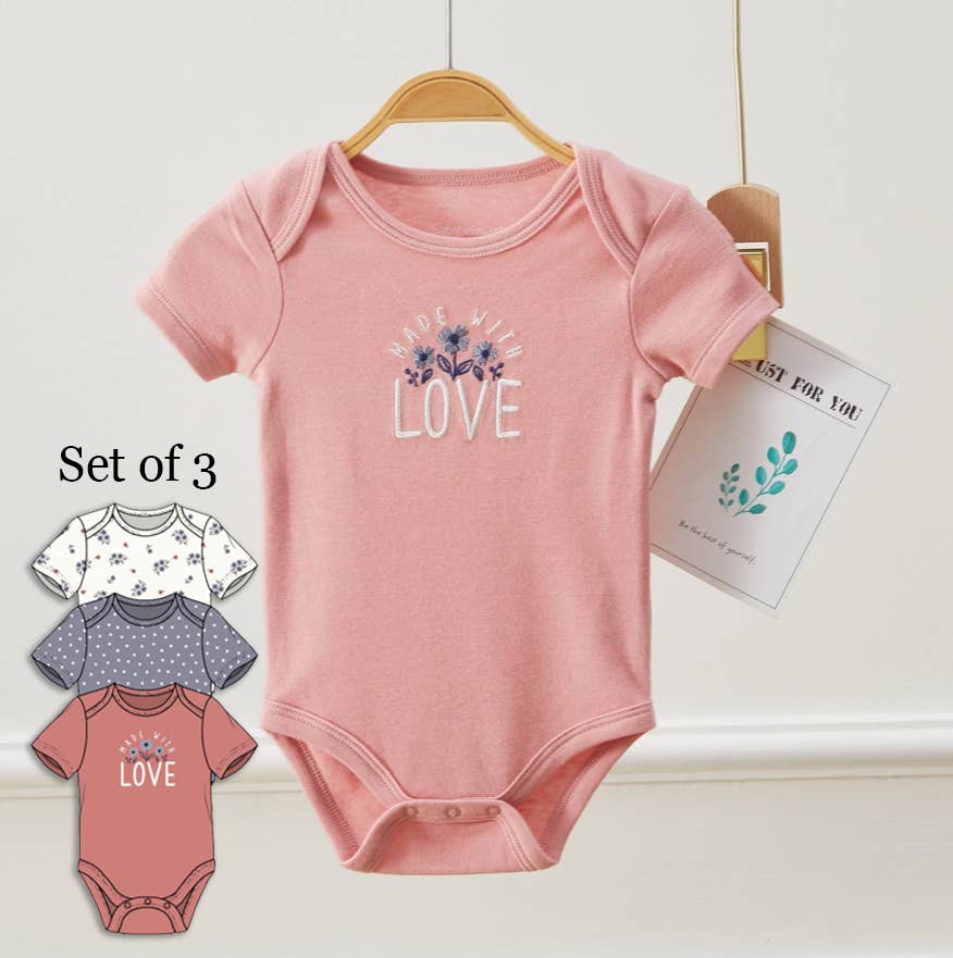 Lollipop Dreams - Pack of 3 Baby Girls Love & Flower Pattern Bodysuits