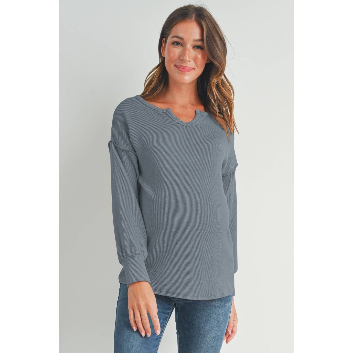 Hello Miz - Split Neck Long Sleeve Maternity Knit Top