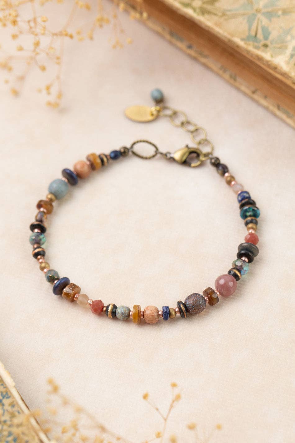 Anne Vaughan Designs Jewelry - Storyteller 7.5-8.5" Czech Glass, Muscovite, Wood Collage Bracelet