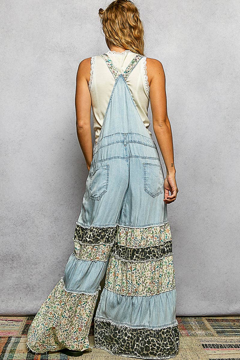 Pol Clothing - Feminine Mixed Printed Fabric Ruffle Wide Leg Overall