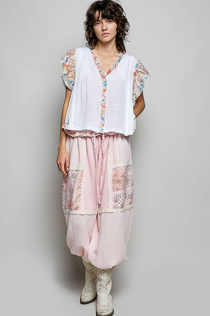 Pol Clothing - V neck Ruffle Sleeve Pintuck Contrast Woven Top