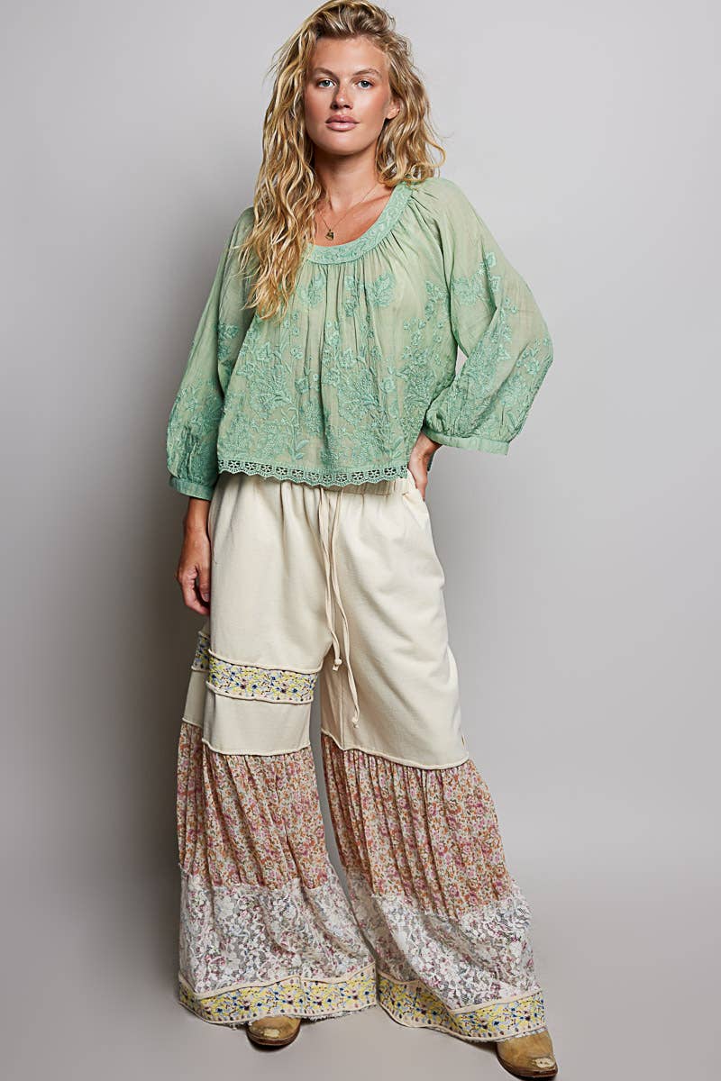 Pol Clothing - Floral Embroidered Lace Hem Boho Blouse