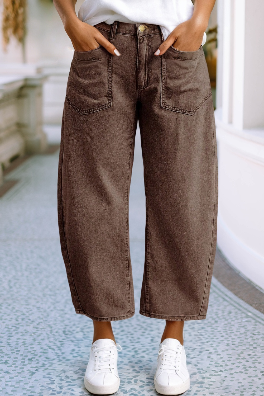 Little Daisy Closet - LDC Solid Square Patch Pocket Ankle-length Barrel Jeans