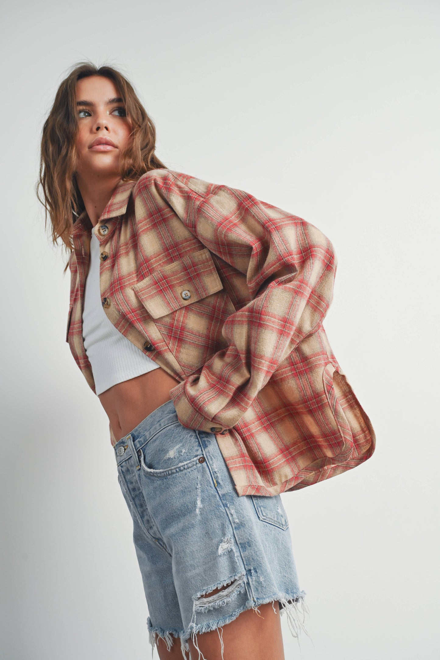 BUTTERMELON - Plaid Long-Sleeve Shirt Jacket - BMJ7328