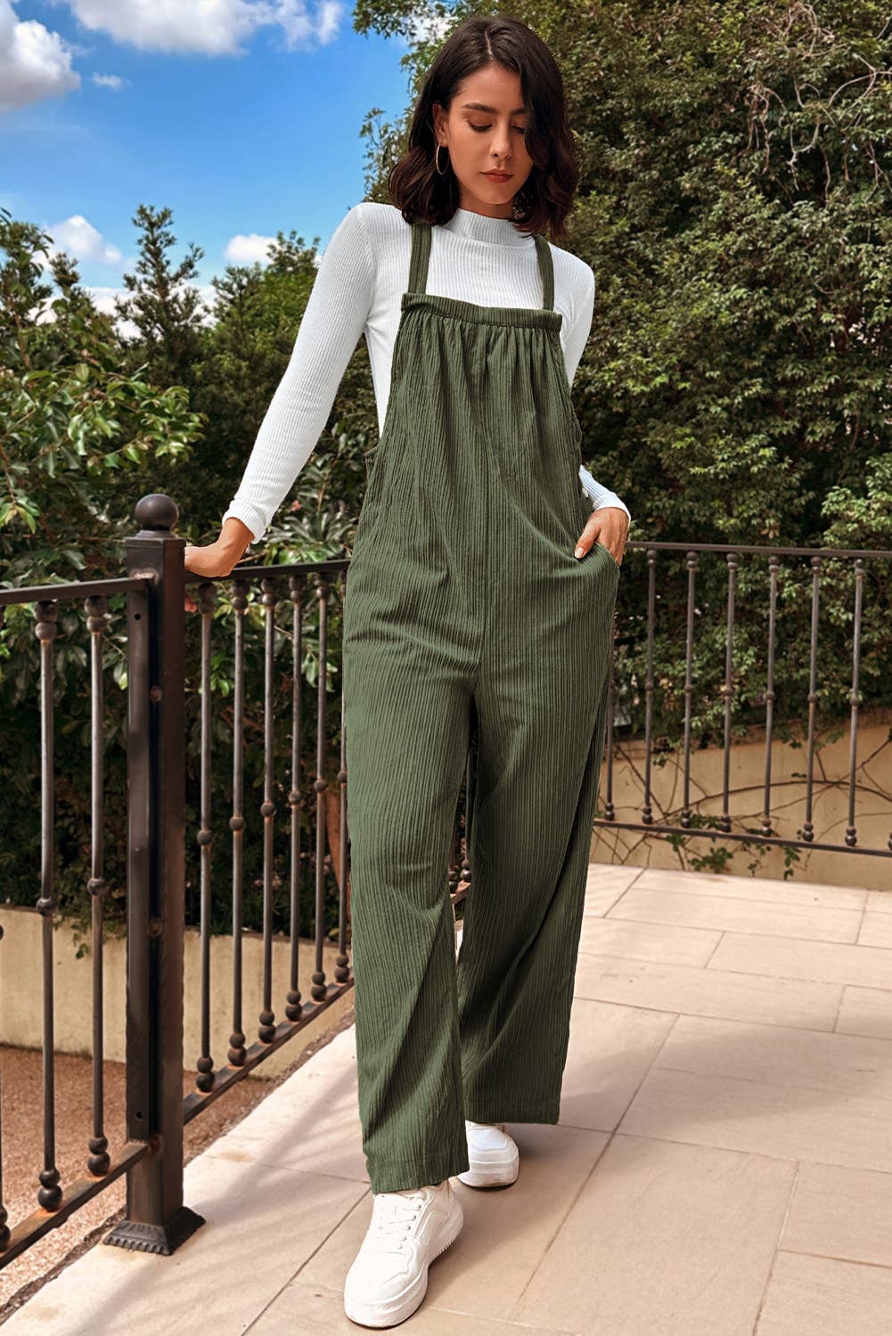 1 the Woman - Morn Solid Pocketed Loose Fit Corduroy Overall