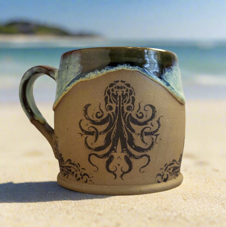 Divine Vessels Pottery - Octopus mug coastal design with wave glaze and sandy texture