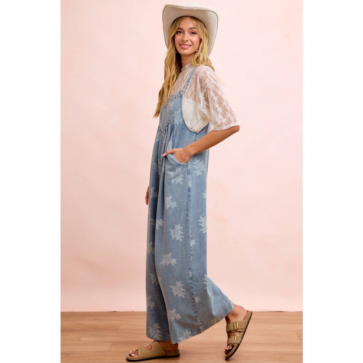 BiBi - ROSE PRINTED WASHED DENIM OVERALLS WITH PLEATS
