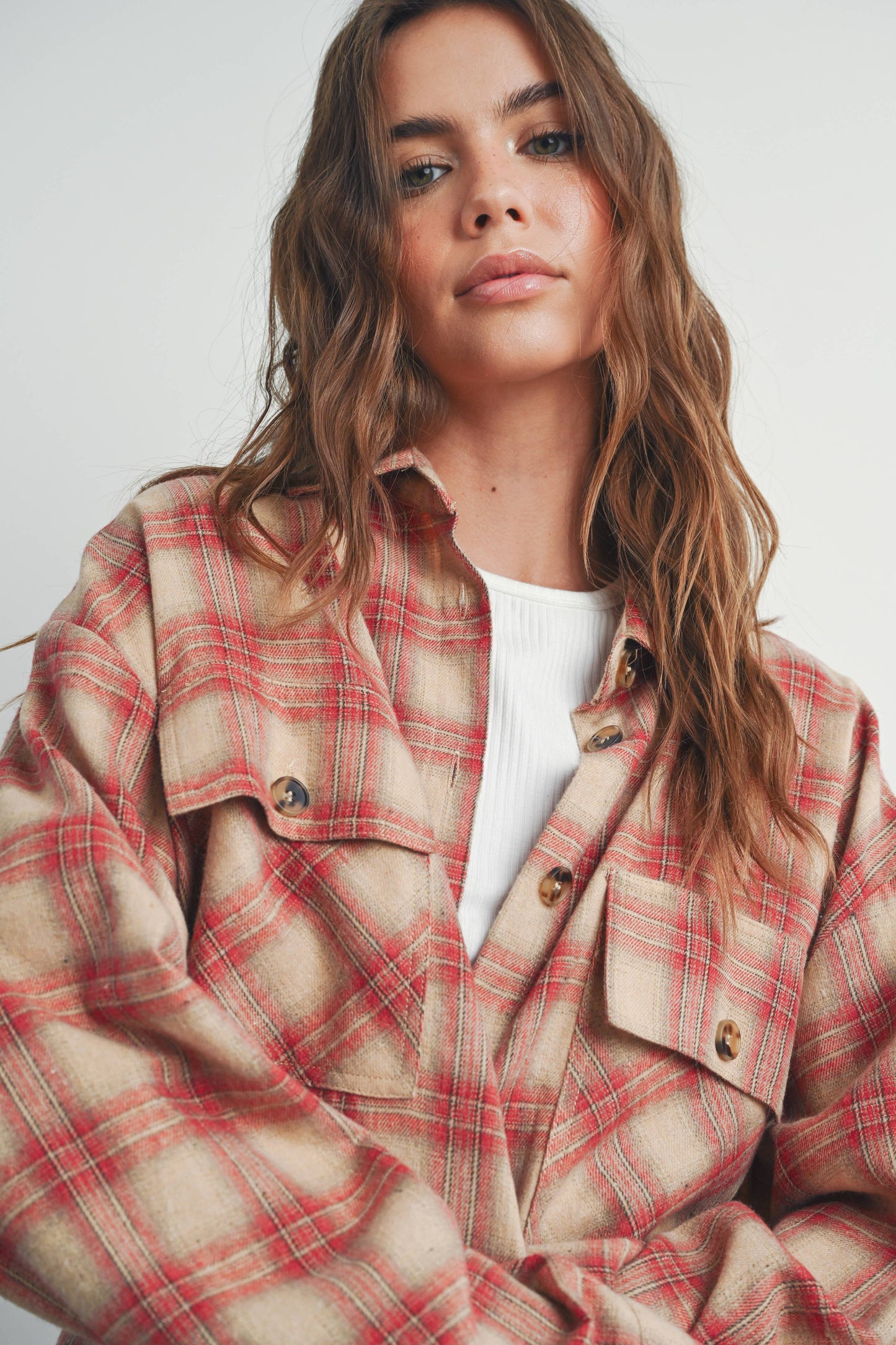 BUTTERMELON - Plaid Long-Sleeve Shirt Jacket - BMJ7328