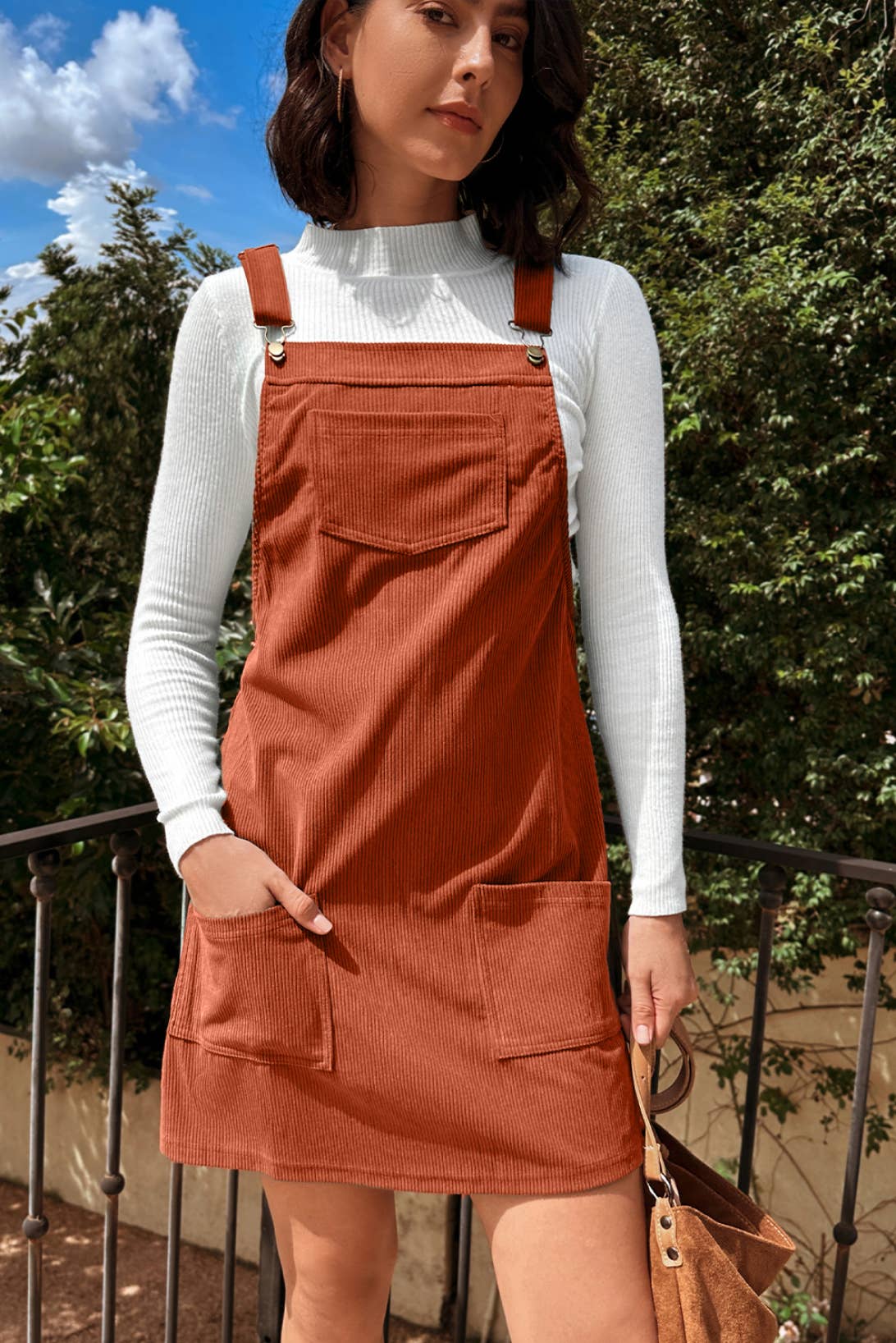 Solid Front Pockets Sleeveless Corduroy Overall Dress