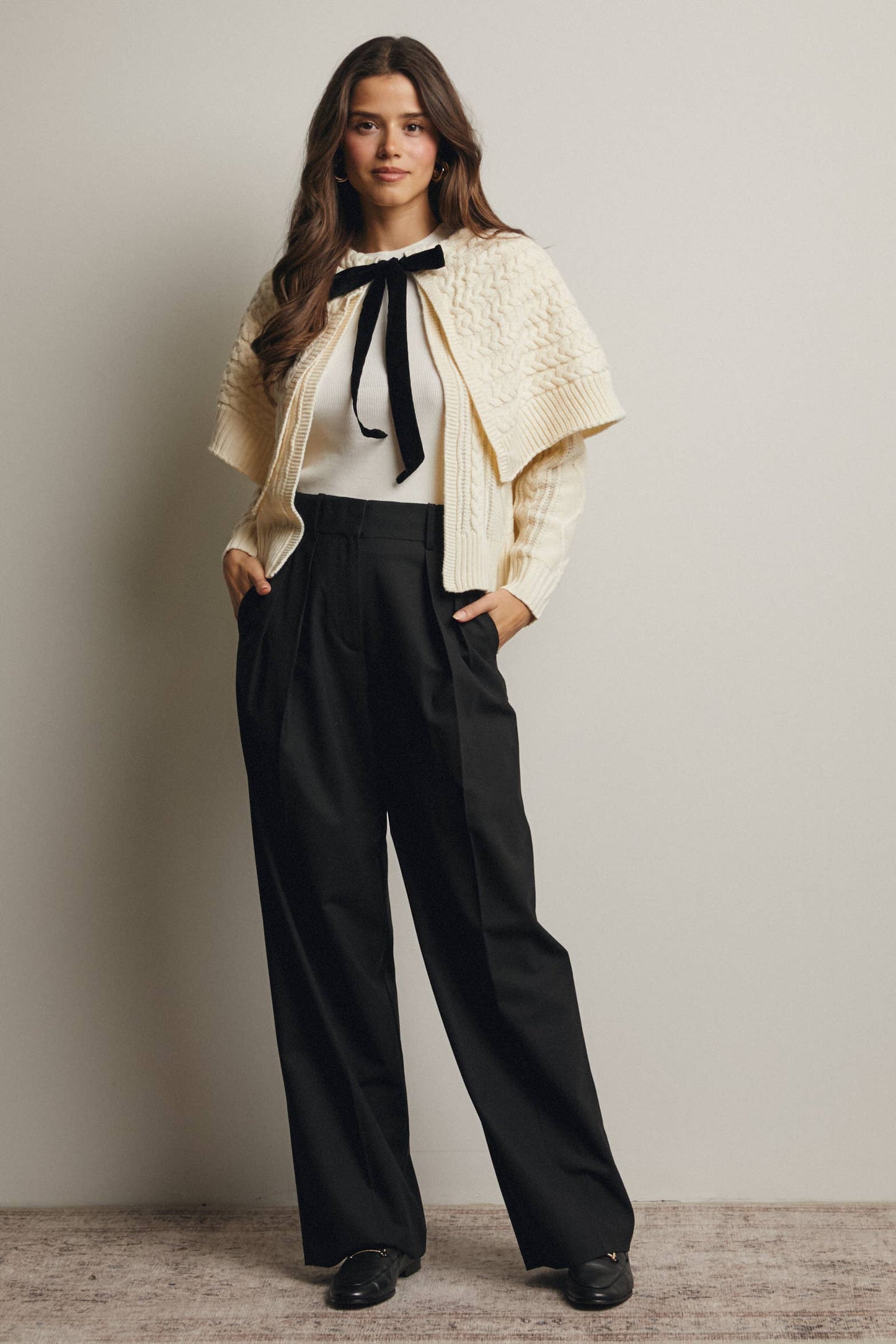 Forte - Cable Knit Capelet Cardigan with Velvet Bow FSW0017