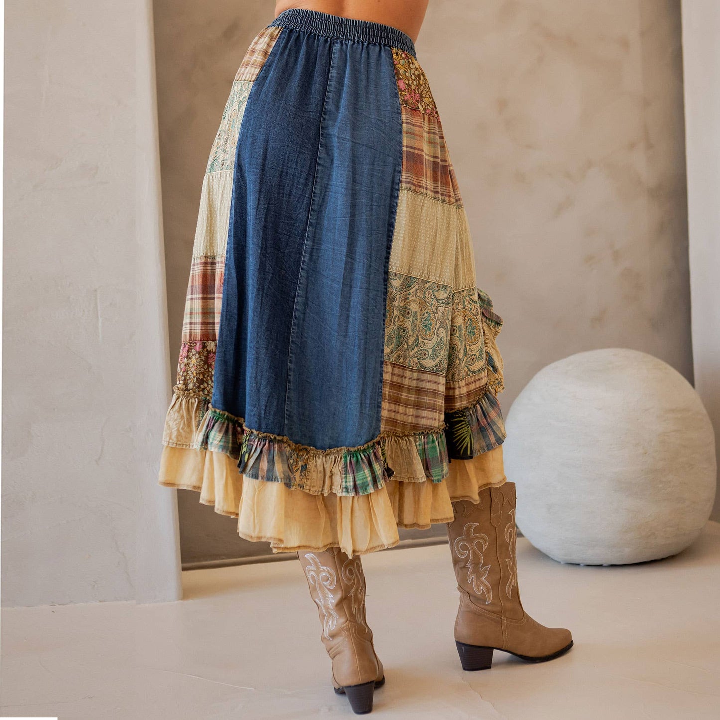 Young Threads - Western Boho Chic: Patchwork Midi Skirt