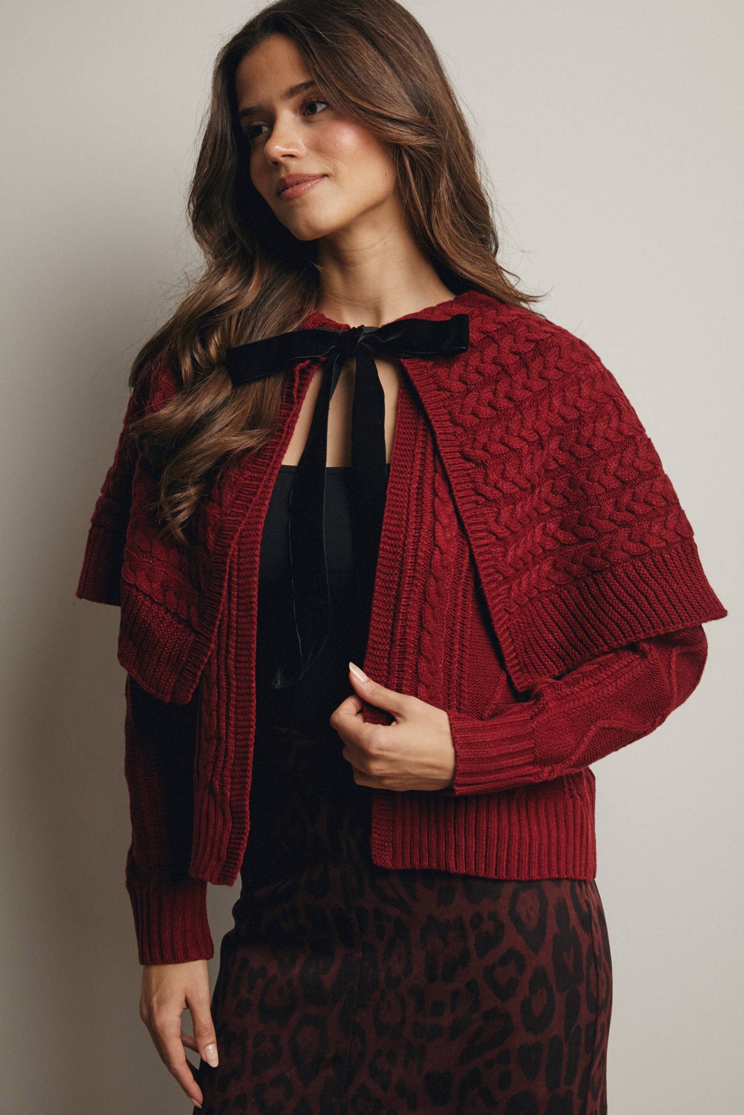 Forte - Cable Knit Capelet Cardigan with Velvet Bow FSW0017