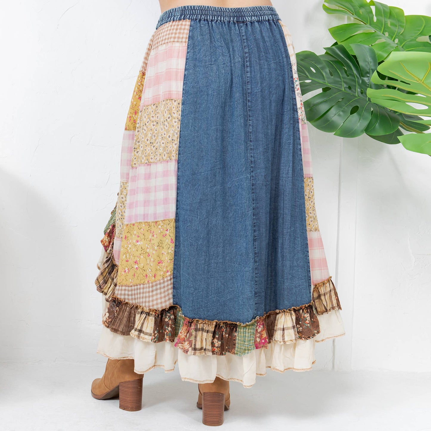 Young Threads - Western Boho Chic: Patchwork Midi Skirt