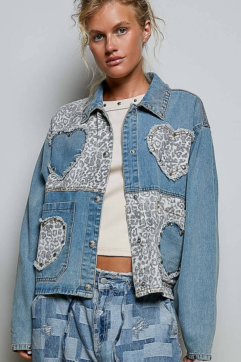 Pol Clothing - Heart-Shaped Patch Pockets Texture Stud Collar Woven Jacket