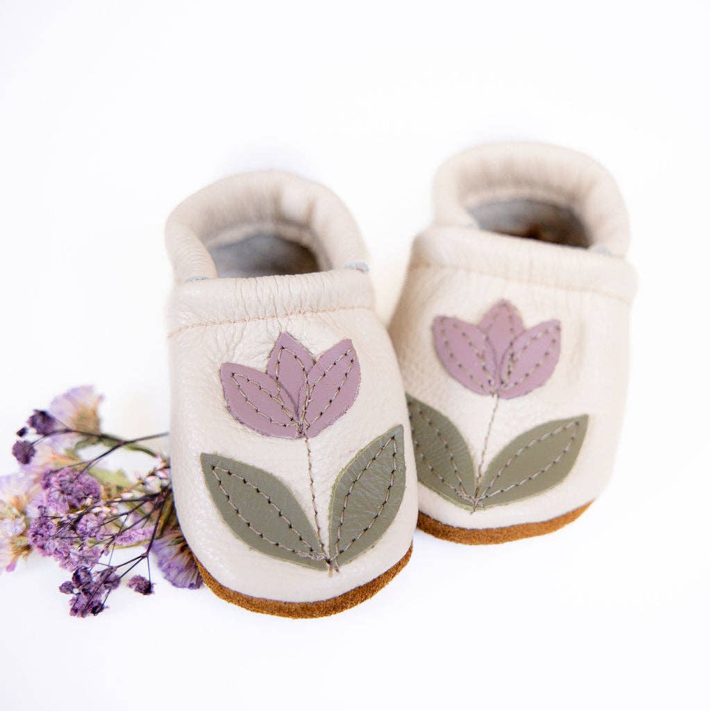 Starry Knight Design - Tulip on Cream Leather Shoes Moccs Baby and Toddler