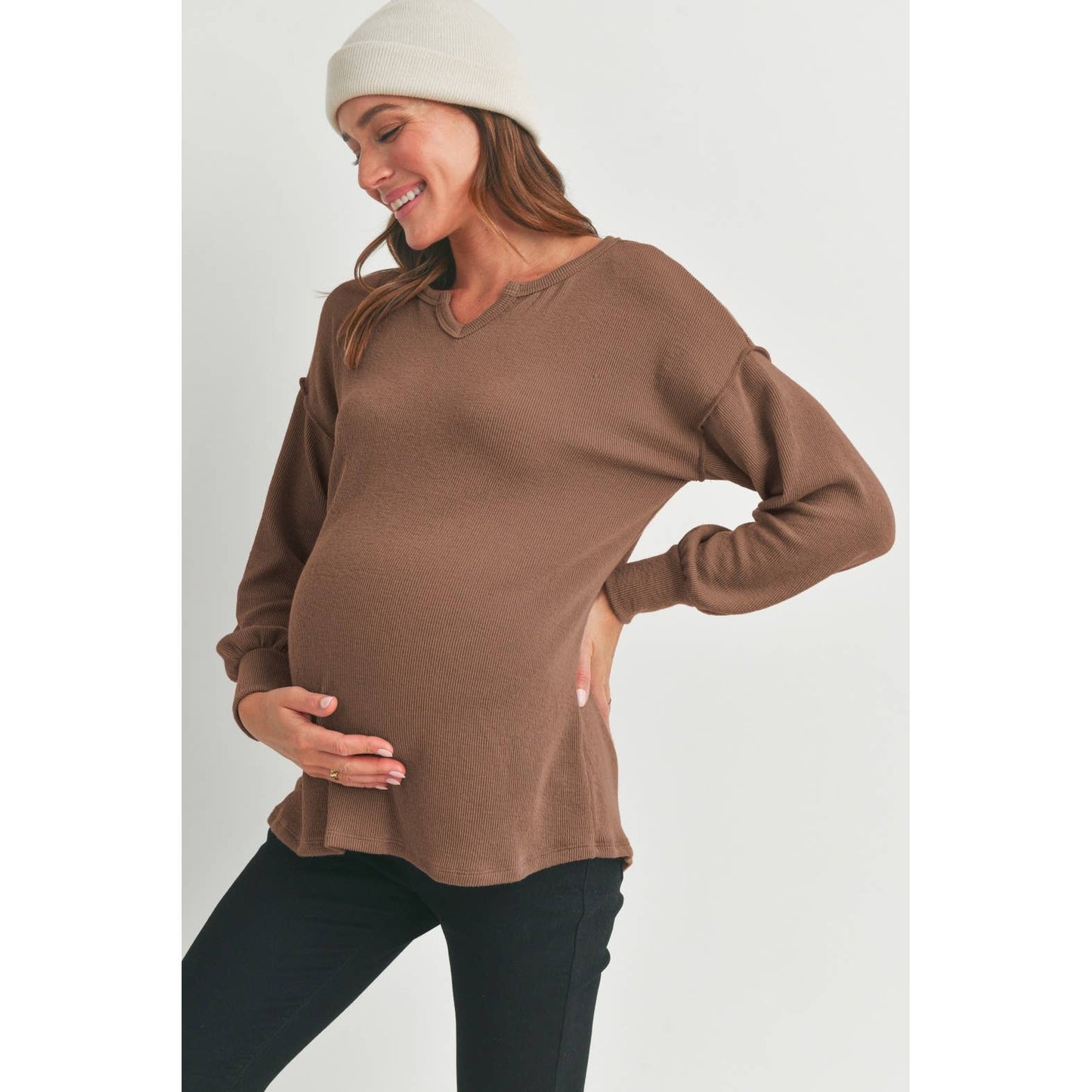 Hello Miz - Split Neck Long Sleeve Maternity Knit Top