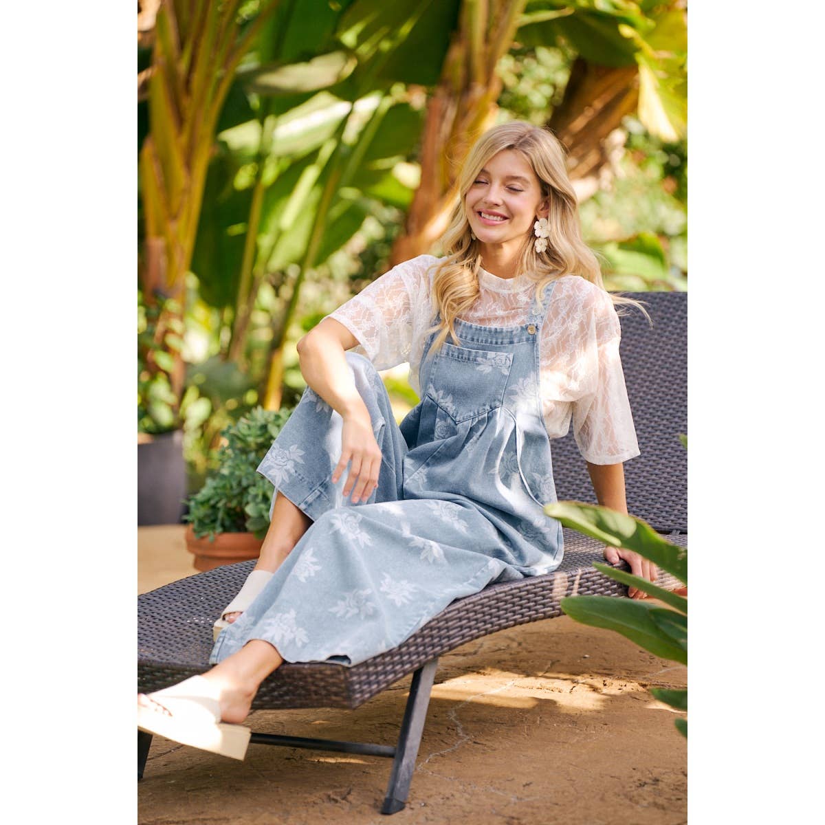 BiBi - ROSE PRINTED WASHED DENIM OVERALLS WITH PLEATS