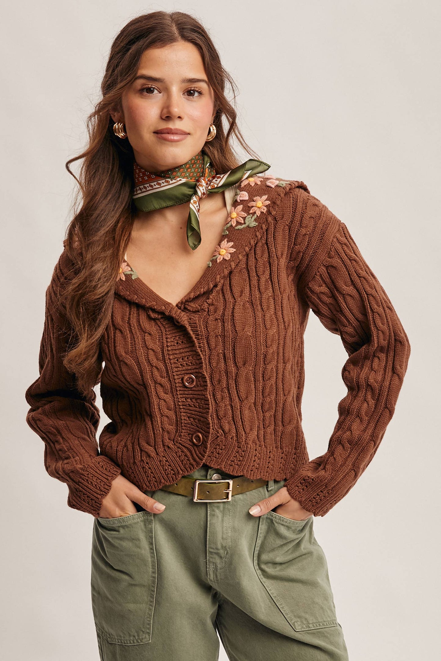 Forte - Cable Knit Embroidered Collar Cardigan FSW0024