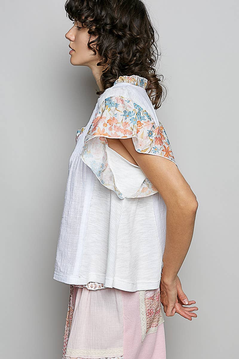 Pol Clothing - V neck Ruffle Sleeve Pintuck Contrast Woven Top