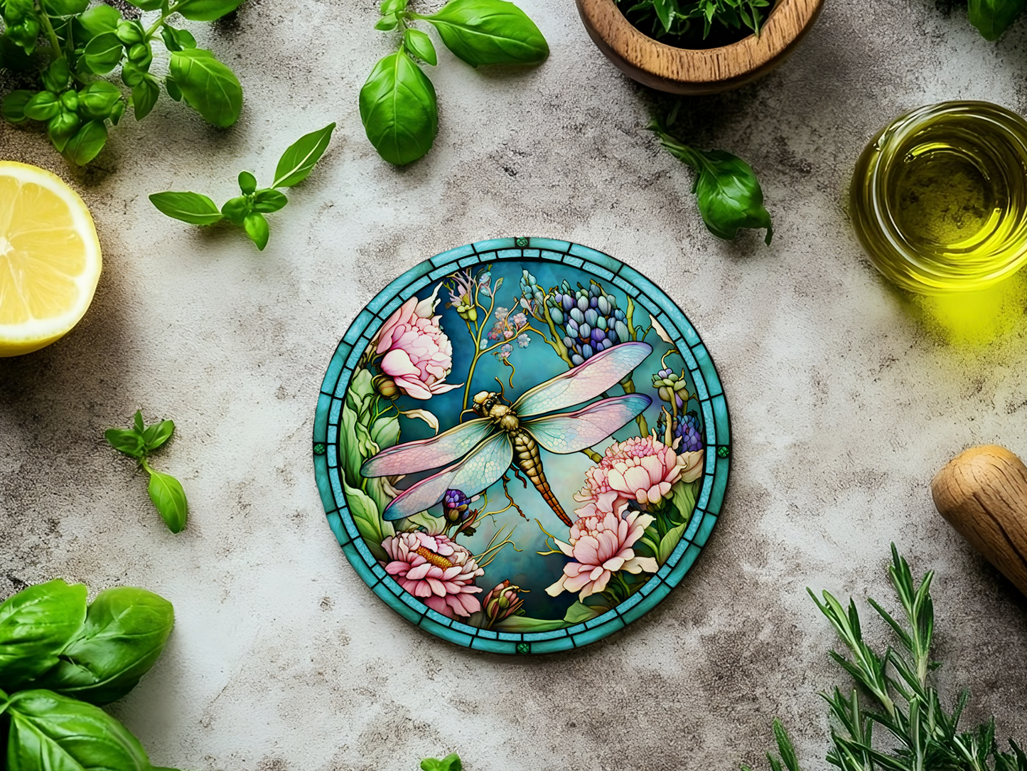 Fernville Creations - Dragonfly Coaster with Pink Flower for Coffee Table Decor