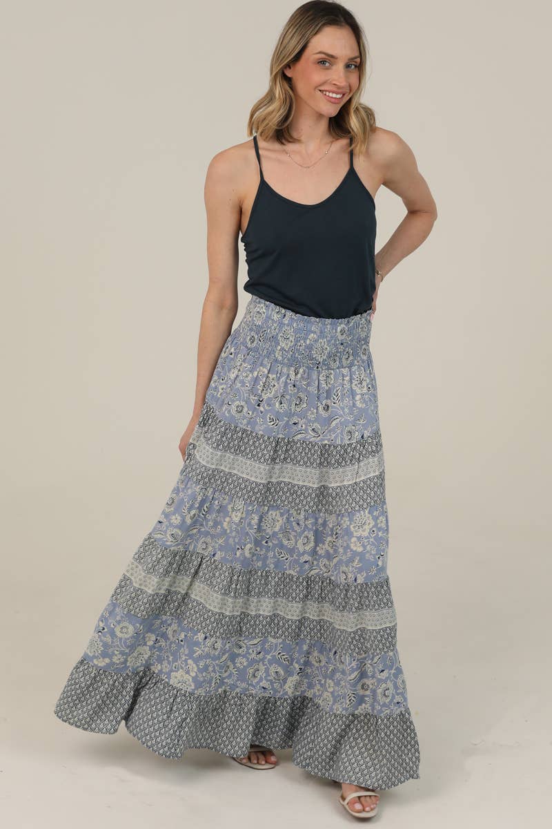 ANGIE - 26P57-WA26 TIERED A LINE SMOCKED WAIST MAXI SKIRT