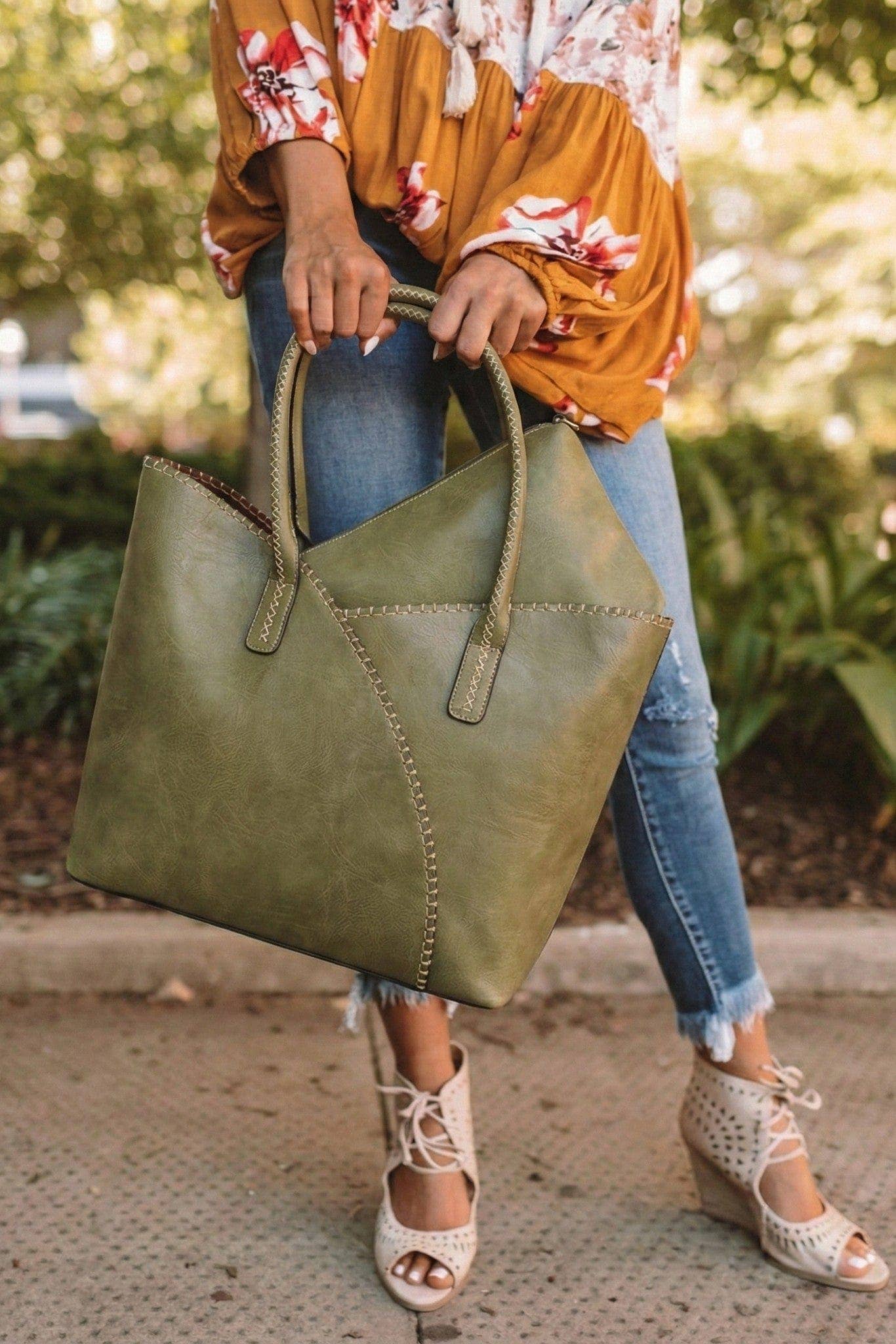 MiMi Wholesale - COL001-2 2-in-1 Stitch Trim Detail Shoulder/Tote Set Bag