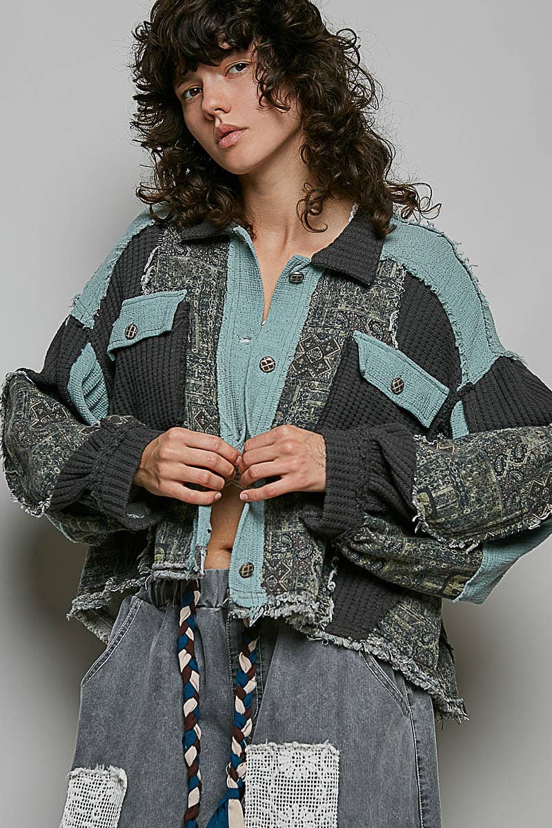 Pol Clothing - Balloon Sleeve Contrast Paisley Pattern Cropped Knit Jacket