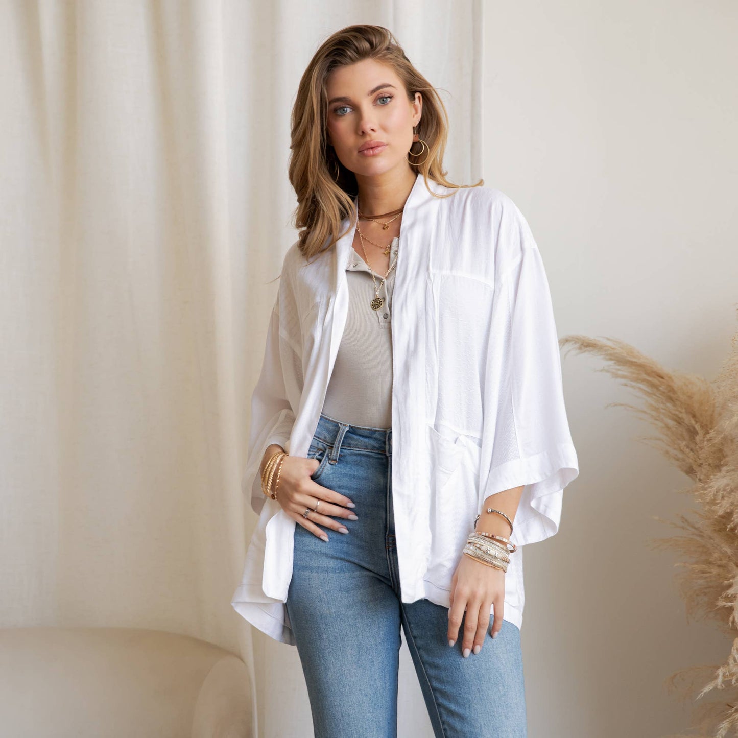 Young Threads - Boho Textured Mixed-Print Kimono with Pouch Pockets