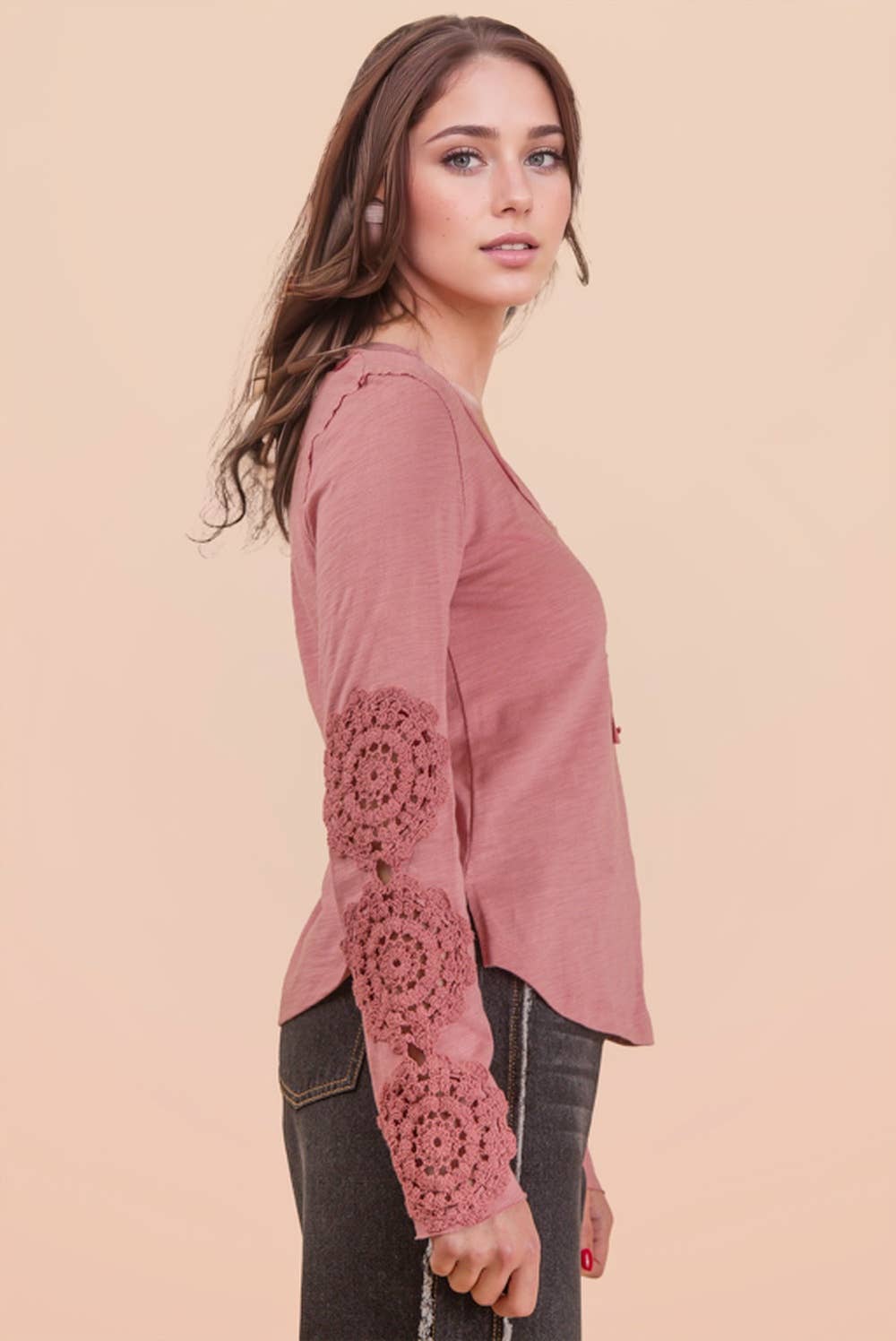 VERY J - NT12252-Sleeve Lace Trim Solid Knit Top