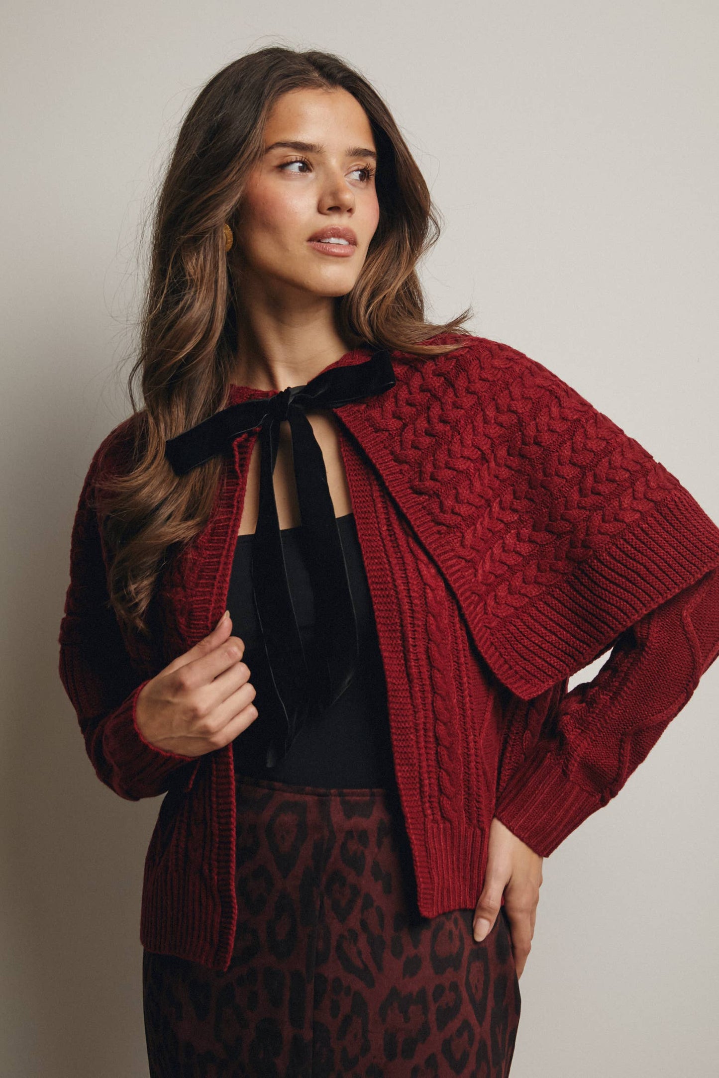 Forte - Cable Knit Capelet Cardigan with Velvet Bow FSW0017