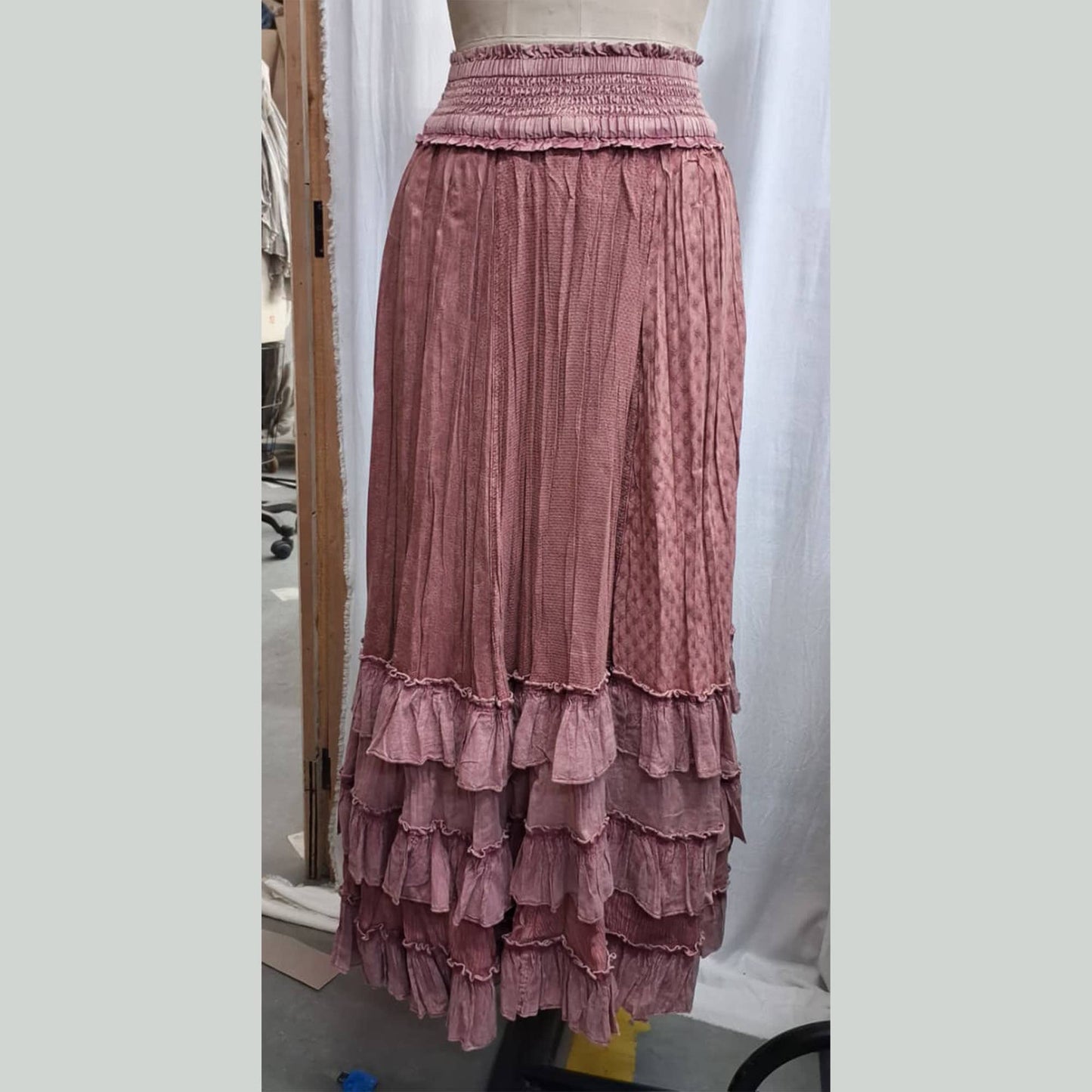 Young Threads - Rustic Textured Smocked Waist Ruffled Tiered Maxi Skirt