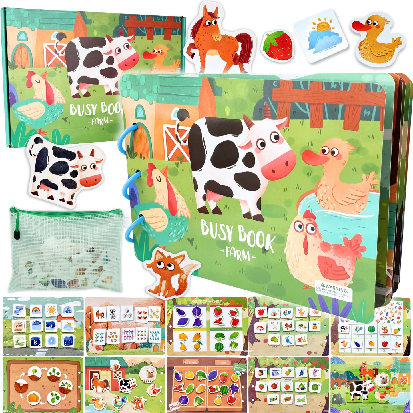 Spirit 'N Sprout - Farm Busy Book for Toddlers - Preassembled with Zipper Pouch - Velcro Matching Activity Book