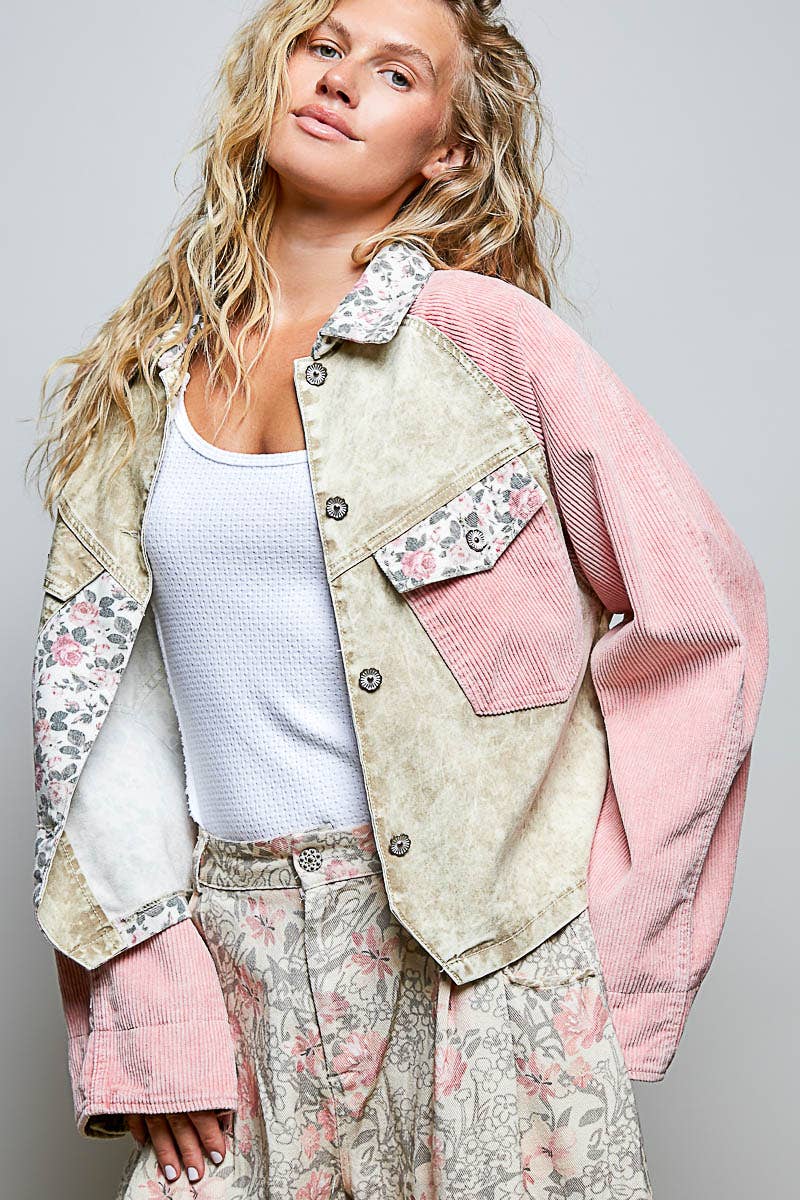 Pol Clothing - Soft Corduroy Sleeves Contrast Cropped Patchwork Jacket