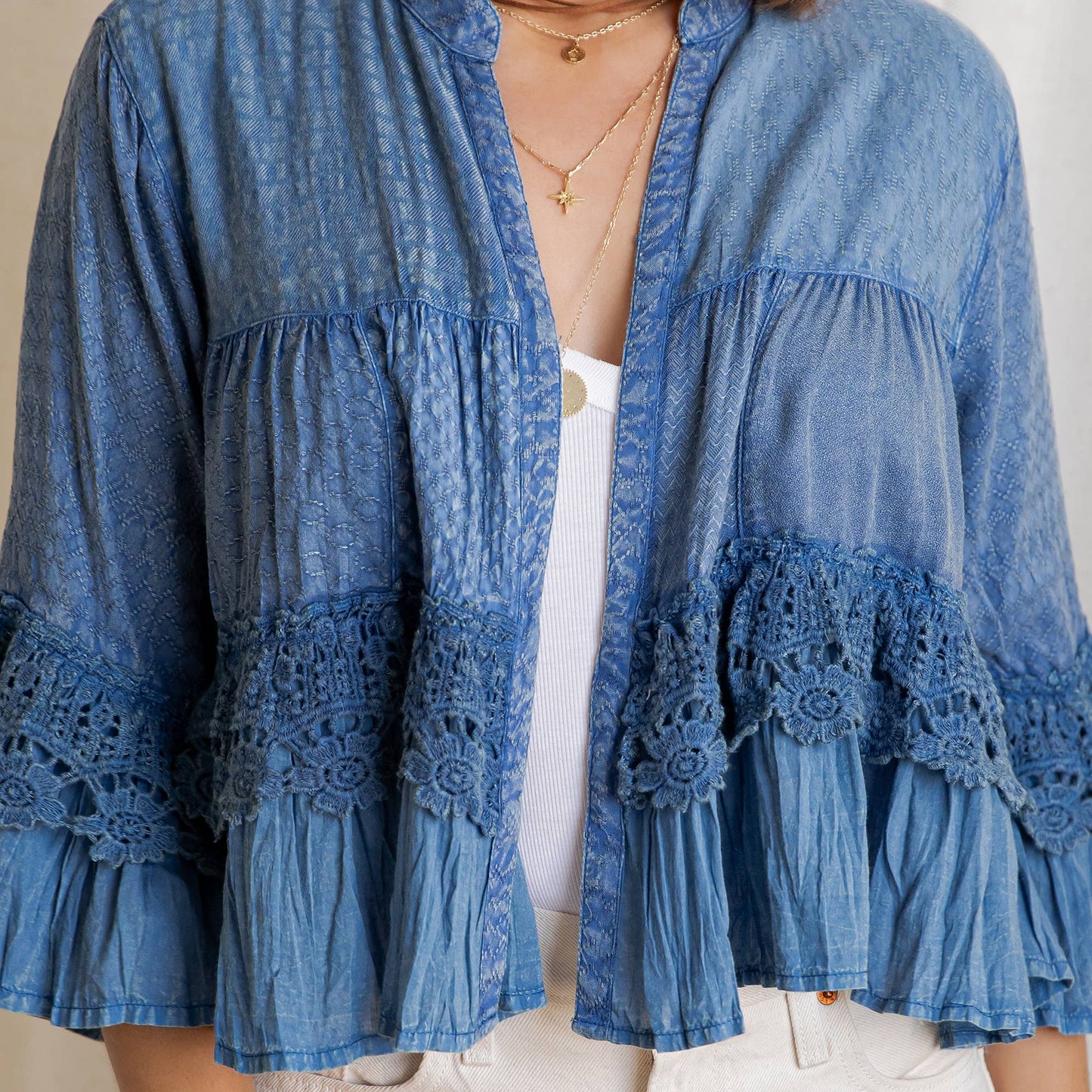 Young Threads - Mineral Wash Tiered Crochet Lace Open Front Shrug - 3 Colors