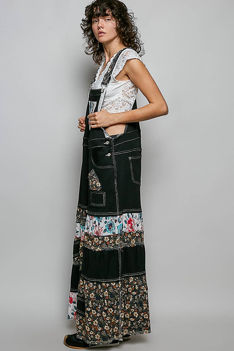 Pol Clothing - Feminine Mixed Printed Fabric Ruffle Wide Leg Overall