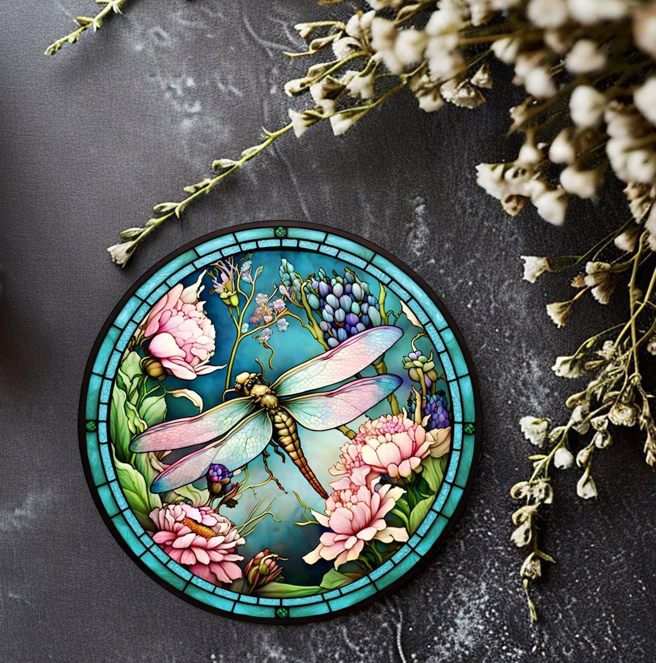 Fernville Creations - Dragonfly Coaster with Pink Flower for Coffee Table Decor