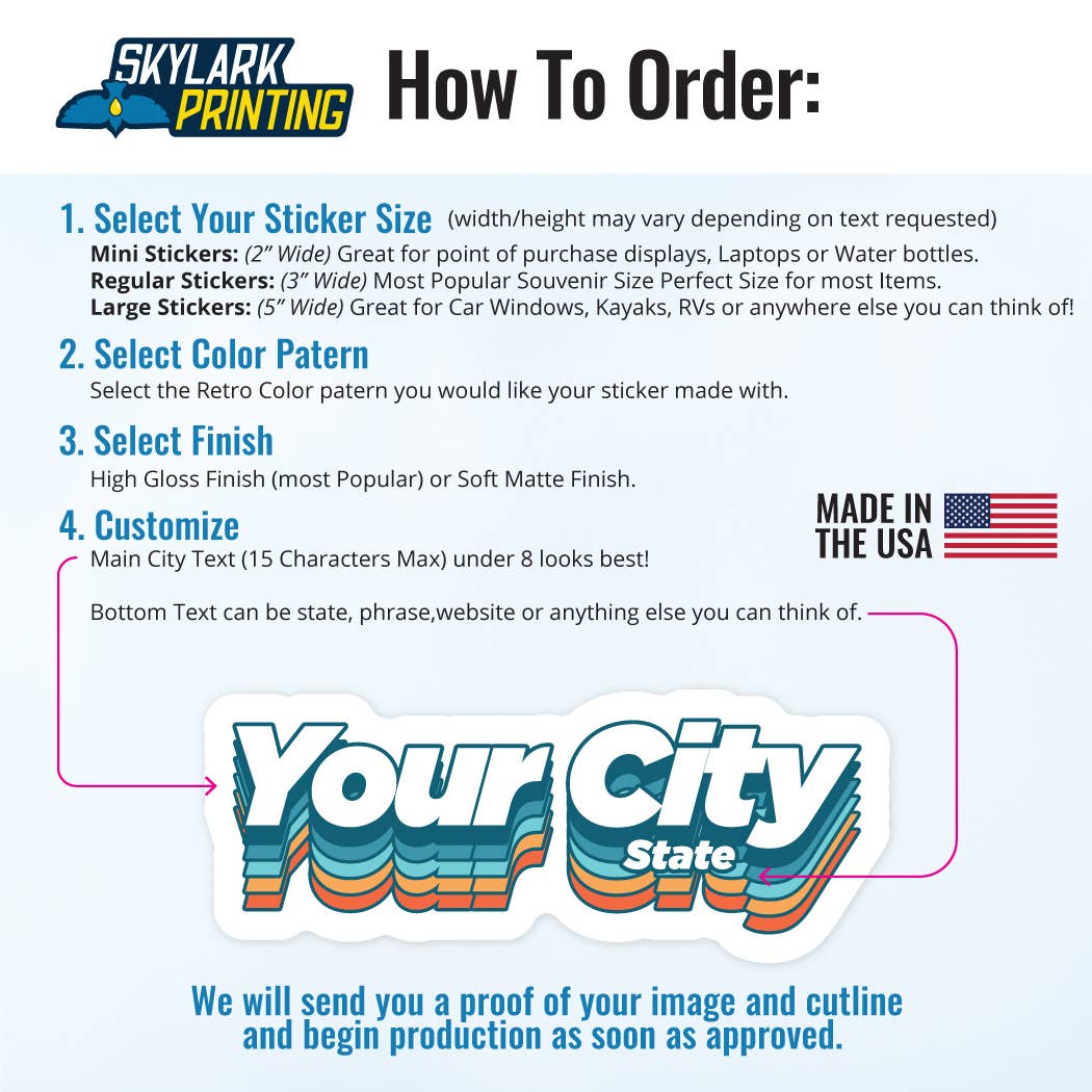 Skylark Printing - Retro Shadow Souvenir Sticker with Your City &  Text