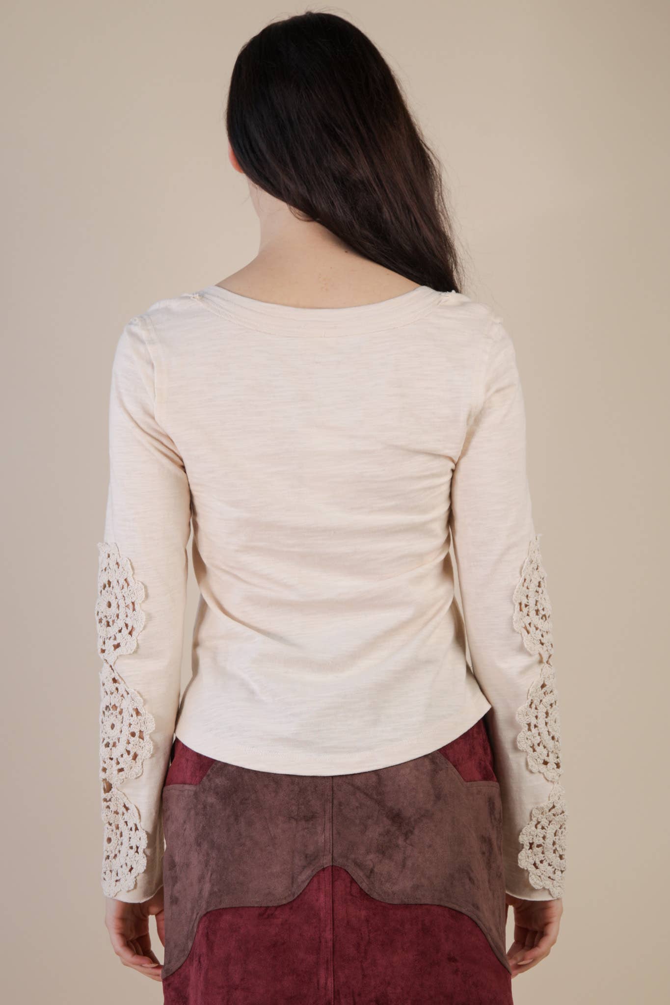 VERY J - NT12252-Sleeve Lace Trim Solid Knit Top