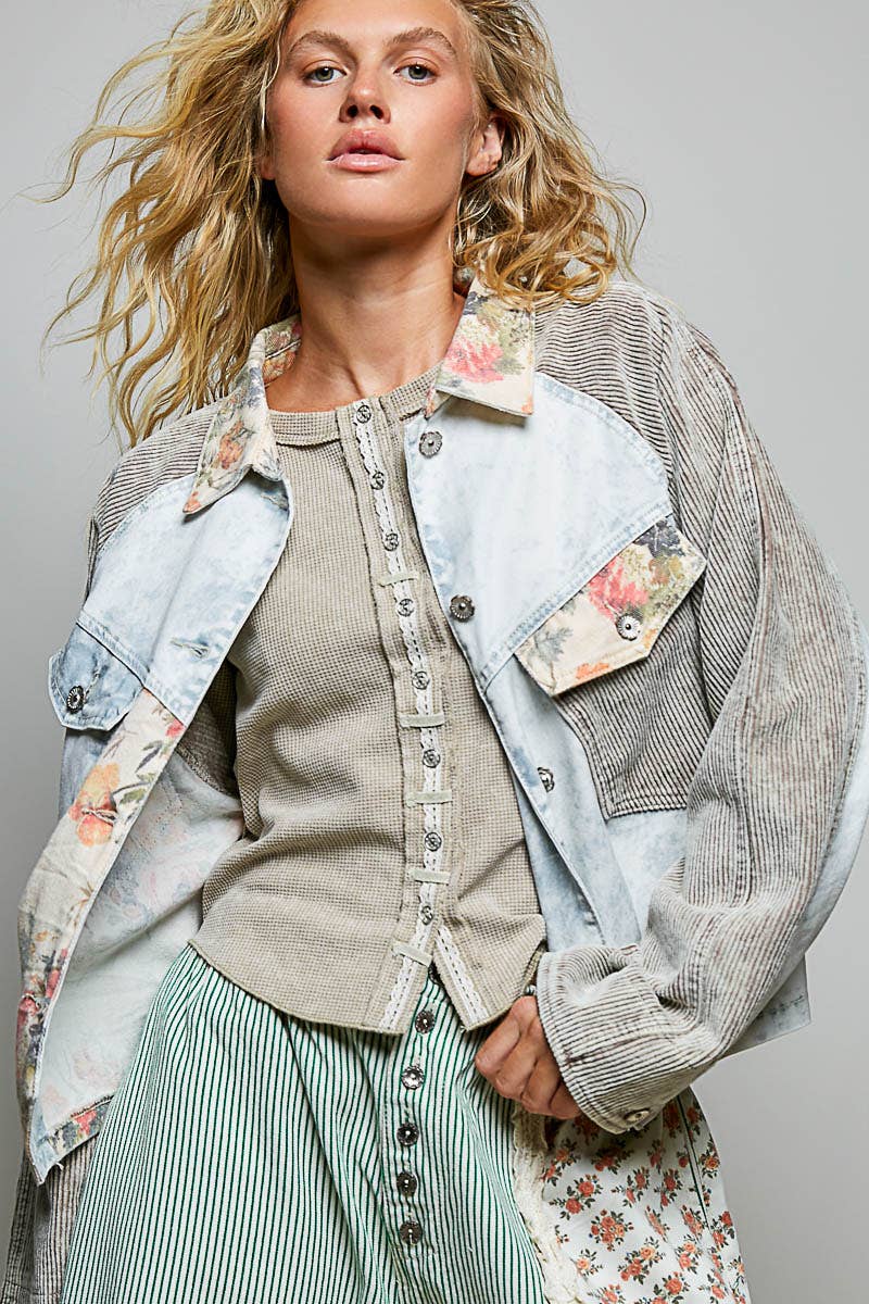 Pol Clothing - Soft Corduroy Sleeves Contrast Cropped Patchwork Jacket