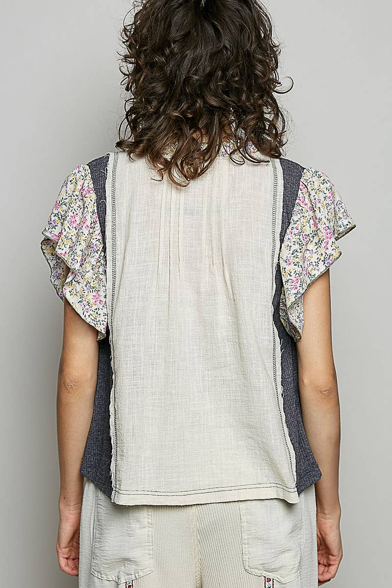 Pol Clothing - V neck Ruffle Sleeve Pintuck Contrast Woven Top