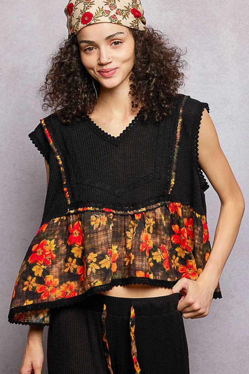 Pol Clothing - V-neck Floral Pattern Trim Ruffle Rib Knitted Sleeveless Top