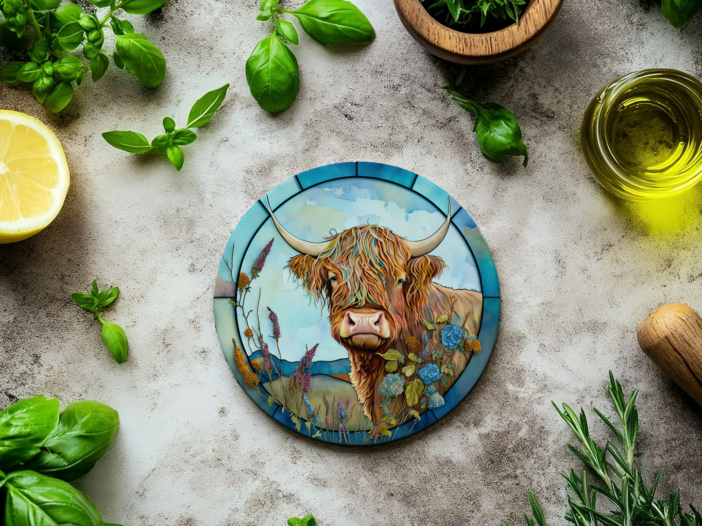 Fernville Creations - Highland Cow Coaster, Farmhouse Decor, Printed Stained Glass