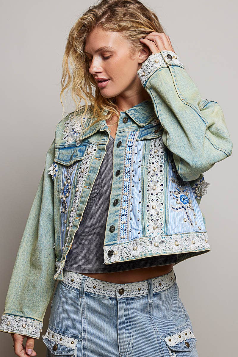 Pol Clothing - Cropped Pearl Studs Floral Patch Trim Denim Jacket