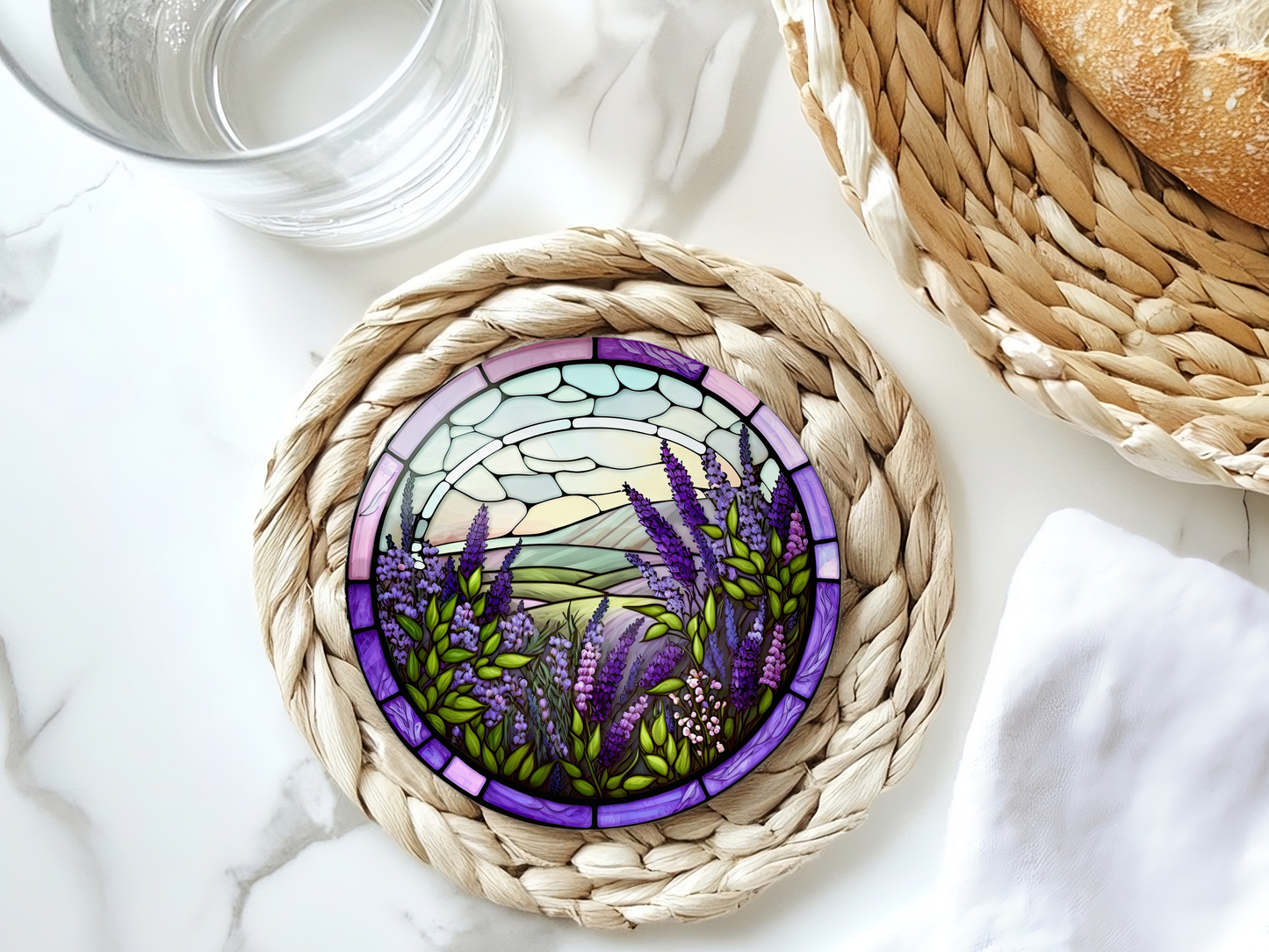 Fernville Creations - Lavender Floral Ceramic Coaster, Eco-Friendly Home Decor