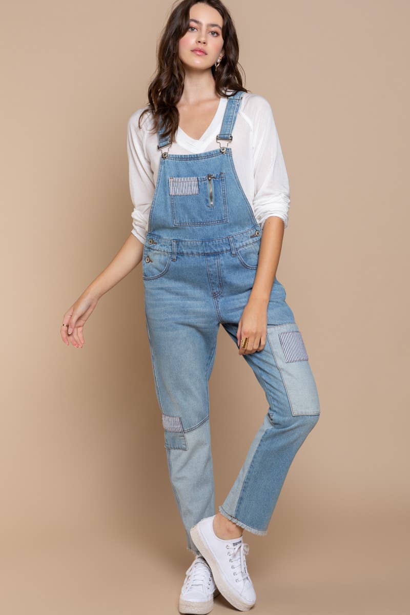 Pol Clothing - Front Chest Zipper Denim Overalls with Slim Legs