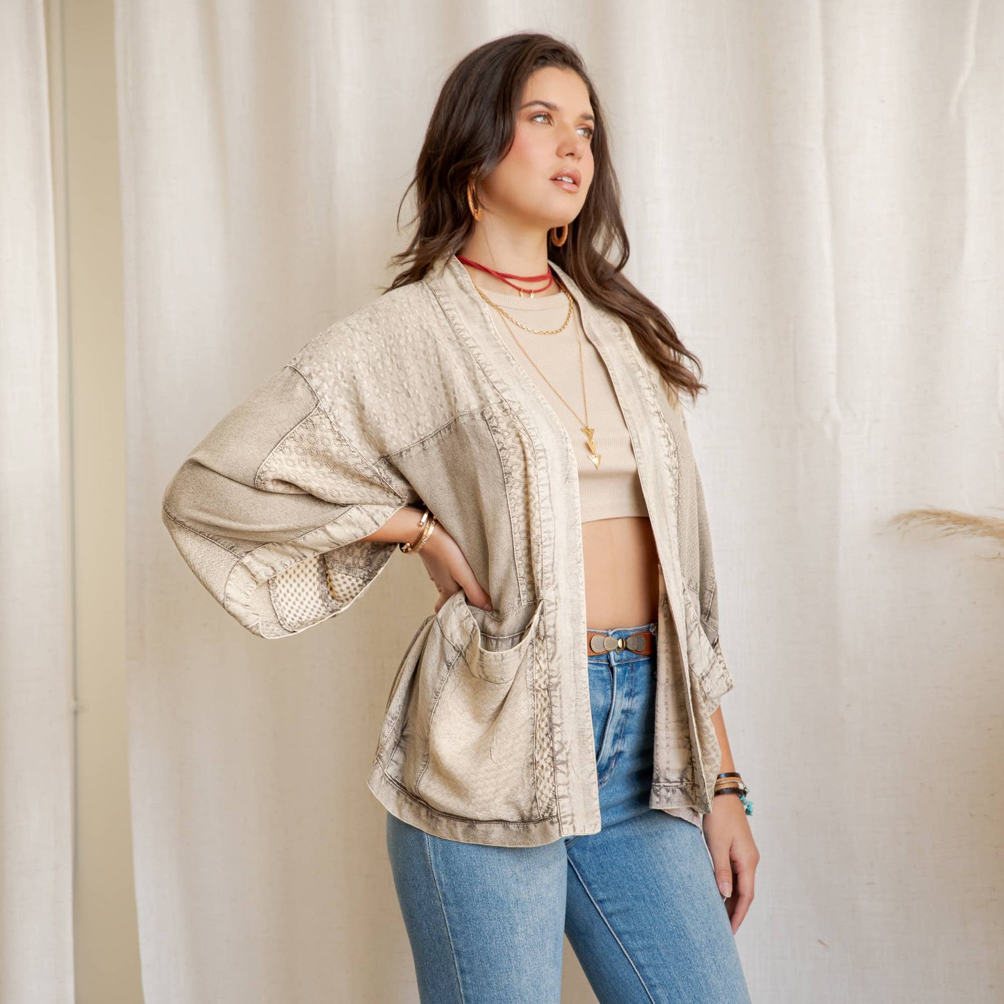 Young Threads - Boho Textured Mixed-Print Kimono with Pouch Pockets