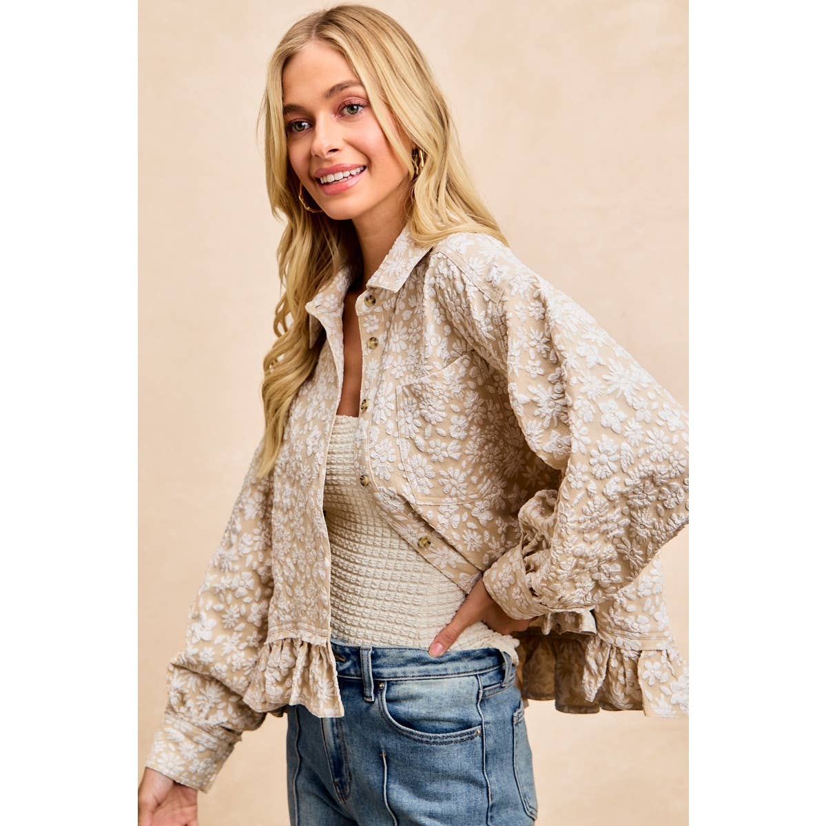 BiBi - TEXTURED FLORAL PATTERN RUFFLED HEM SHIRT TOP