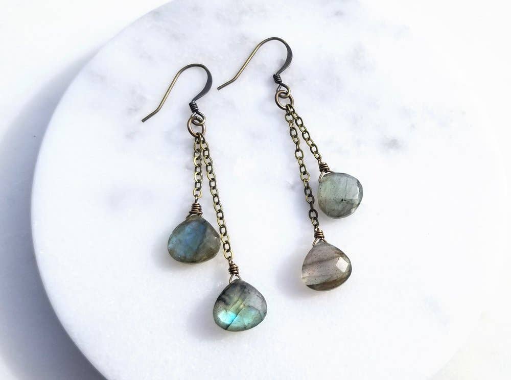 Edgy Petal Jewelry - Labradorite Multi Gemstone Chain Dangle Earrings