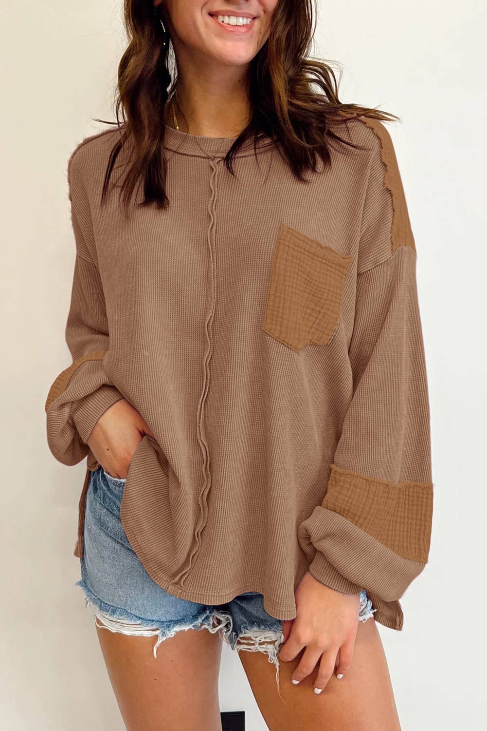 Lovesoft - Exposed Seam Patchwork Bubble Sleeve Waffle Knit Top